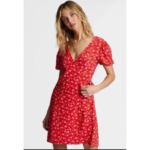 NWT Billabong Hot Tropics Mini Wrap Dress Red Floral V-Neck L MSRP $85.95